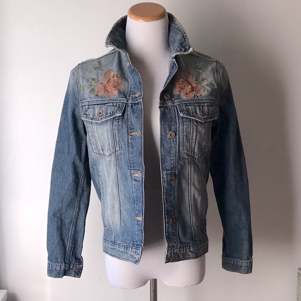 Mavi Katy bronze rose embroidered denim jacket, XS